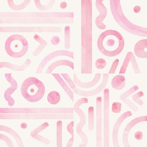Small size. Blush pink watercolor geometric doodle tiles on off white background. Ethnic aztec geometric handdrawn