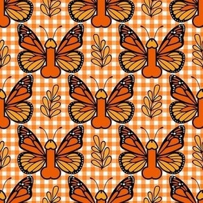 Smaller Scale Sassy Monarch Butterflies Orange Gingham