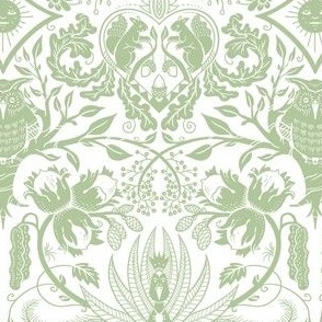 Whimsical forest with owls and squirrels in light green - Damask