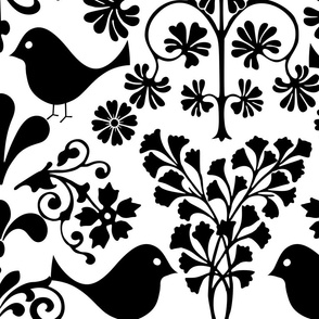 Birds And Florals Scandinavian Folk Art Pattern Black On White Large Scale
