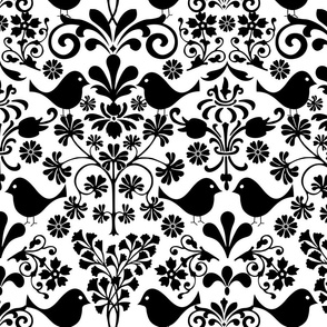 Birds And Florals Scandinavian Folk Art Pattern Black On White Medium Scale
