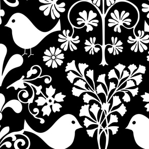 Birds And Florals Scandinavian Folk Art Pattern White On Black Large Scale