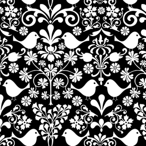 Birds And Florals Scandinavian Folk Art Pattern White On Black Medium Scale