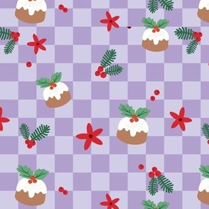 Fifties Christmas table cloth with pudding flowers and mistletoe on lilac