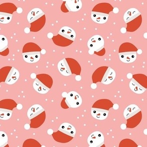 Little sleepy snowmen and santa hats red on pink