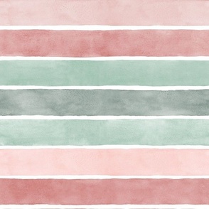 Pastel Christmas Watercolor Stripes - Medium Scale - Broad Horizontal Stripes - Pink Red Green