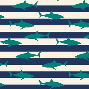 Large Scale Navy Nautical Horizontal Stripes with Sea Green Sharks