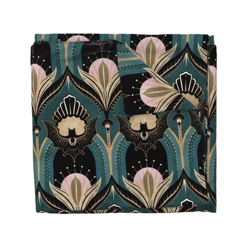 Elegant Art Deco bats and flowers - Light teal, gold, black and pink - jumbo (this version is lighter than original teal)