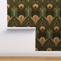 Elegant Art Deco bats and flowers - Light teal, gold, black and pink - jumbo (this version is lighter than original teal)