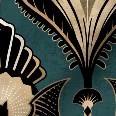 Elegant Art Deco bats and flowers - Light teal, gold, black and pink - jumbo (this version is lighter than original teal)