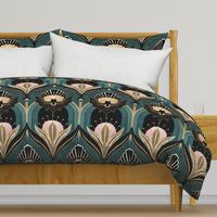 Elegant Art Deco bats and flowers - Light teal, gold, black and pink - jumbo (this version is lighter than original teal)