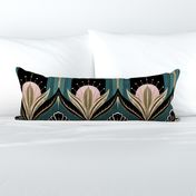 Elegant Art Deco bats and flowers - Light teal, gold, black and pink - jumbo (this version is lighter than original teal)