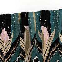 Elegant Art Deco bats and flowers - Light teal, gold, black and pink - jumbo (this version is lighter than original teal)