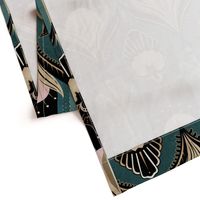 Elegant Art Deco bats and flowers - Light teal, gold, black and pink - jumbo (this version is lighter than original teal)