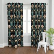 Elegant Art Deco bats and flowers - Light teal, gold, black and pink - jumbo (this version is lighter than original teal)