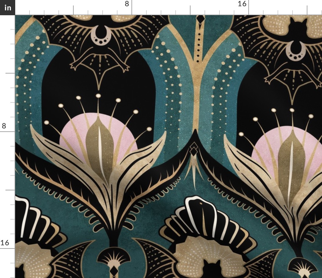 Elegant Art Deco bats and flowers - Light teal, gold, black and pink - jumbo (this version is lighter than original teal)