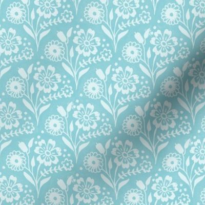 Small Block Print Floral Bouquet in Soft Teal on Palest Teal-Grey