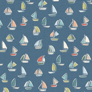 Large Scale Nautical Hand Drawn Multi Color Sail Boats on Admiral Blue Water