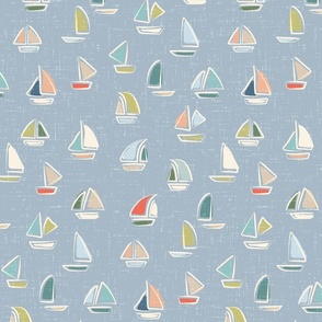 Large Scale Nautical Hand Drawn Multi Color Sail Boats on Blue Grey Water Faux Texture