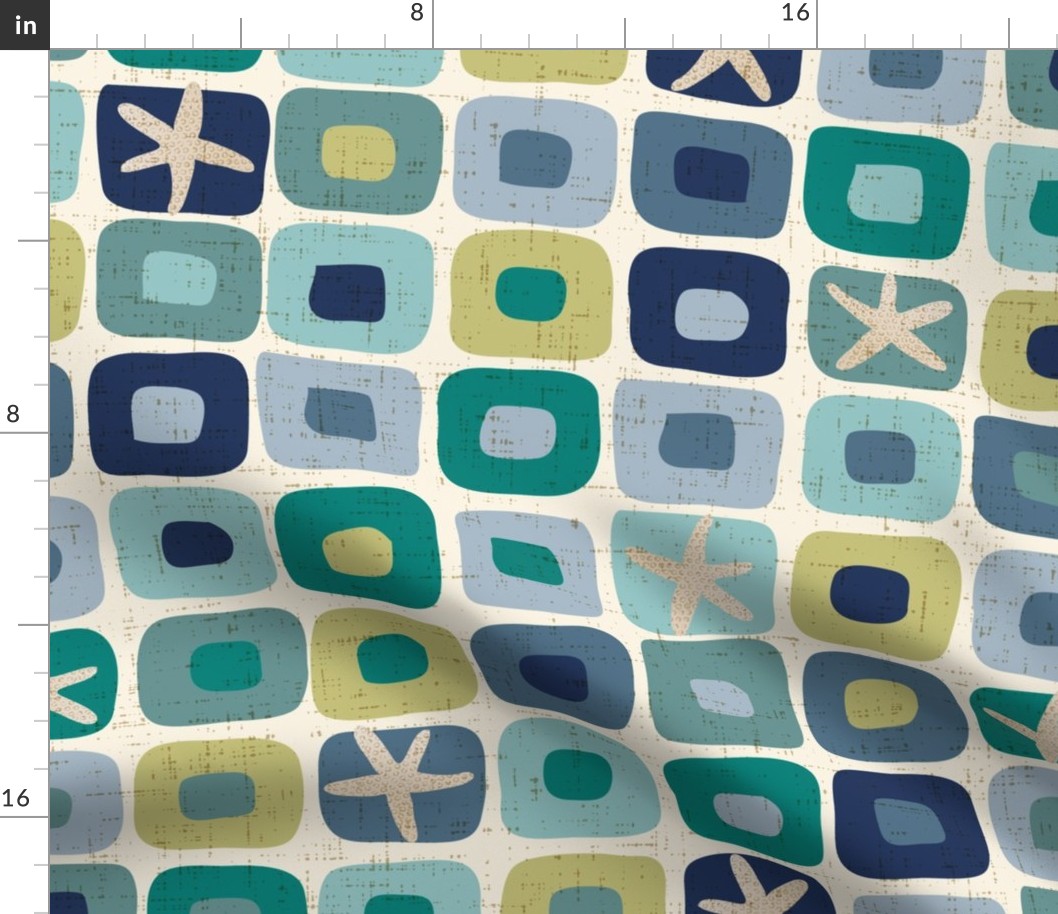 Large Scale Geometric Squares in Coastal Colors with Starfish and Vintage Faux Texture