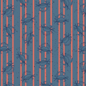 Large Scale Tossed Blue Crabs on Irregular Spaced Vertical Coral Stripes on Admiral Blue Ground and Faux Gritty Texture