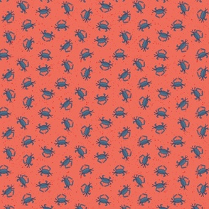 Medium Scale Blue Crabs Tossed on Coral Orange Background with Faux Grit Texture