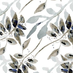 Watercolor Painted Overlapping Leaves In Taupe And Gray On White Medium Scale