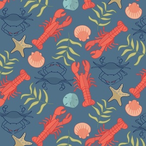 Large Scale Blue Crab and Coral Orange Lobsters Scattered on Admiral Blue Water, Sand Dollars, Shells and Starfish 