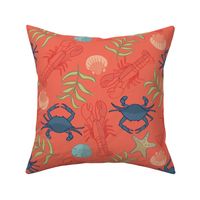 Large Scale Blue Crab and Coral Orange Lobsters Scattered on Coral Orange, Sand Dollars, Shells and Starfish 