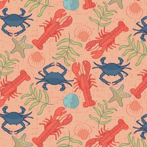 Large Scale Blue Crab and Coral Orange Lobsters Scattered on Pastel Salmon, Sand Dollars, Shells and Starfish  Vintage Faux Texture