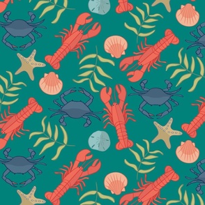 Large Scale Blue Crab and Coral Orange Lobsters Scattered on Sea Green, Sand Dollars, Shells and Starfish 