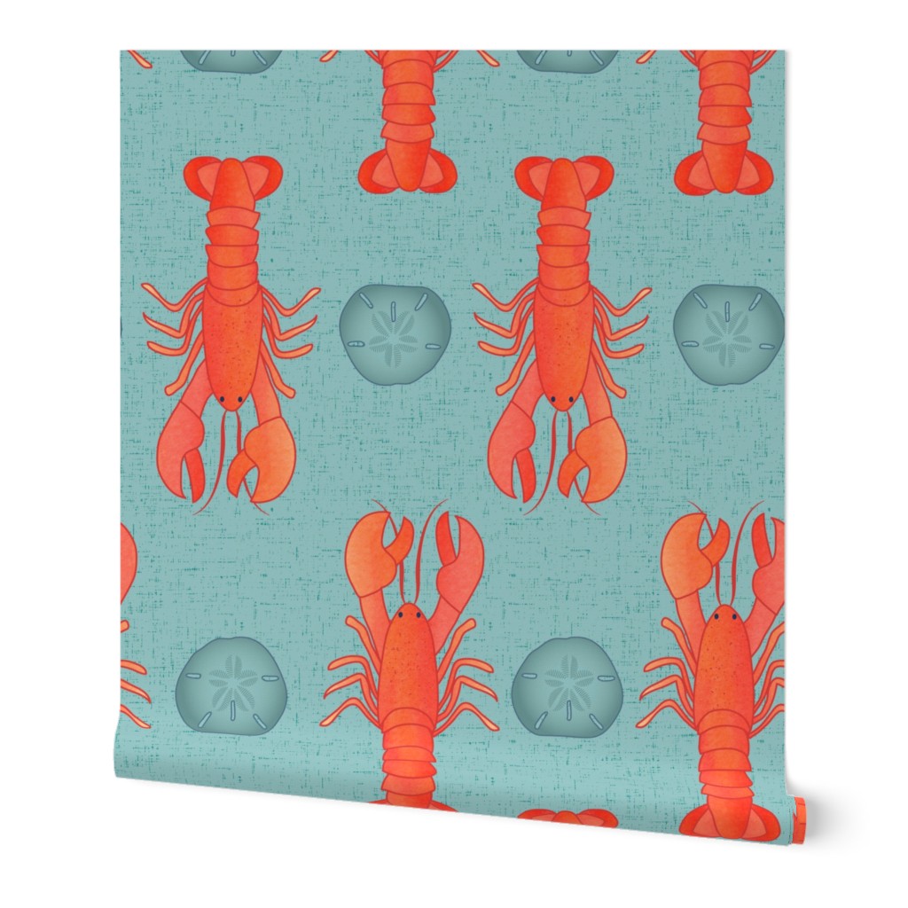 Large Coastal Lobsters and Sand Dollars on Opal Green with Vintage Faux Texture