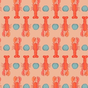 Medium Coastal Lobsters and Sand Dollars on Pastel Salmon Color