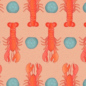 Large Coastal Lobsters and Sand Dollars on Pastel Salmon Color