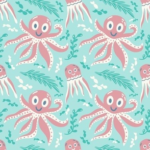 Cute pink octopus, jellyfish and fish. Underwater ocean world for children