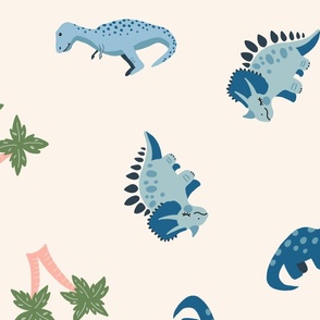 XL Cute Blue Dinosaur Toss with Trex Triceratops Diplodocus and Palm Trees