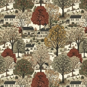 Small New England Village Houses with Trees in Muted Colors