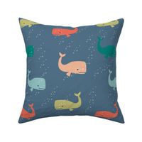 Large Scale Multi Color Whimsical Whales on Admiral Blue Water with Bubbles