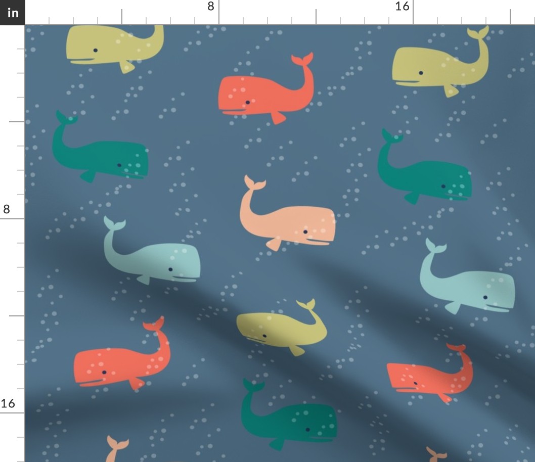 Large Scale Multi Color Whimsical Whales on Admiral Blue Water with Bubbles