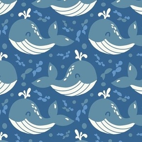Cute whales and fish on a blue background. Underwater ocean world for baby