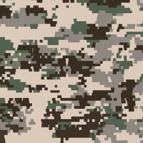 Digital Camouflage in Pixellated Swatches of Kkaki Beige, Olive Drab and Charcoal Grey