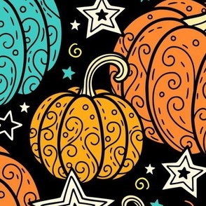 Swirly Pumpkins in Green, Teal & Orange (Extra Large Scale)