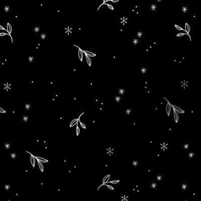 Minimalist boho night with snowflakes and leaves winter wonderland midnight design black and white monochrome