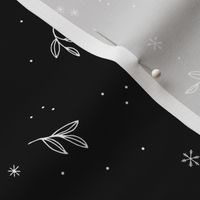 Minimalist boho night with snowflakes and leaves winter wonderland midnight design black and white monochrome