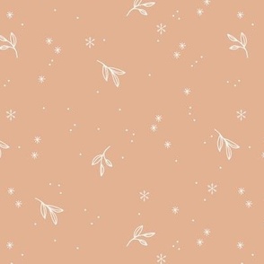 Minimalist boho night with snowflakes and leaves winter wonderland midnight design white on vintage peach orange