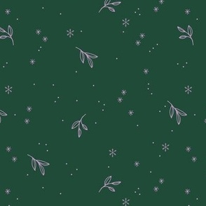 Minimalist boho night with snowflakes and leaves winter wonderland midnight design pink on pine green