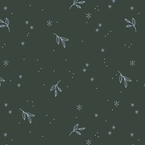 Minimalist boho night with snowflakes and leaves winter wonderland midnight design ice blue on dark olive green