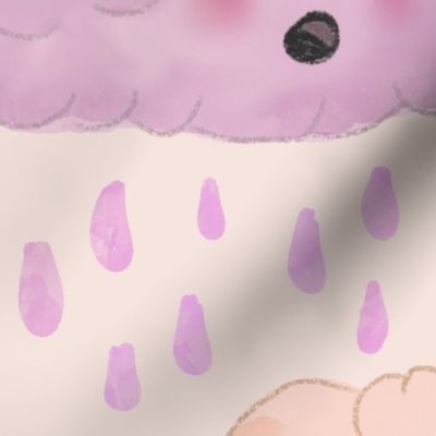Watercolor clouds. Rain, storm, weather. Colorful, pastel pink, pastel blue, light violet, sunny yellow kawaii clouds. Kawaii faces on beige. Raindrops. 