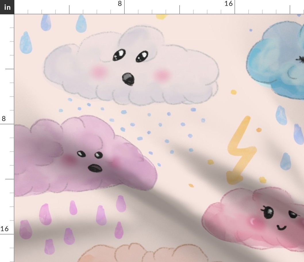 Watercolor clouds. Rain, storm, weather. Colorful, pastel pink, pastel blue, light violet, sunny yellow kawaii clouds. Kawaii faces on beige. Raindrops. 