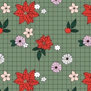 Christmas plaid with vintage daisies lilies and poinsettia flowers - boho retro checker cloth design for the holidays pink blush ruby red on olive green